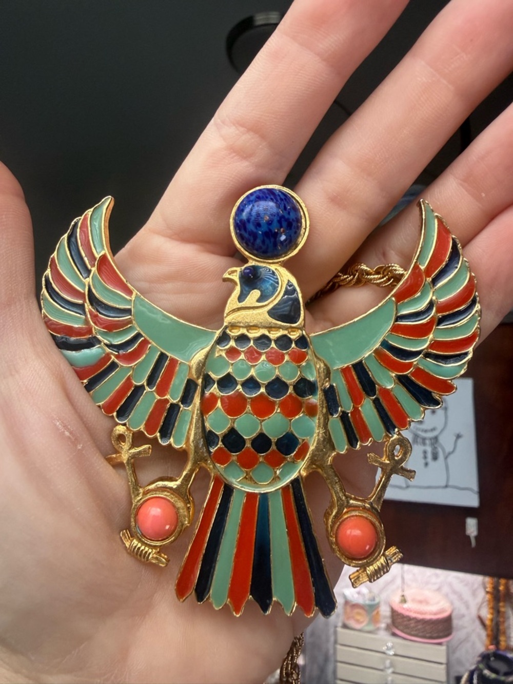 VINTAGE Accesocraft NYC | Egyptian Revival Necklace | Horus | red green navy - Picture 6 of 7